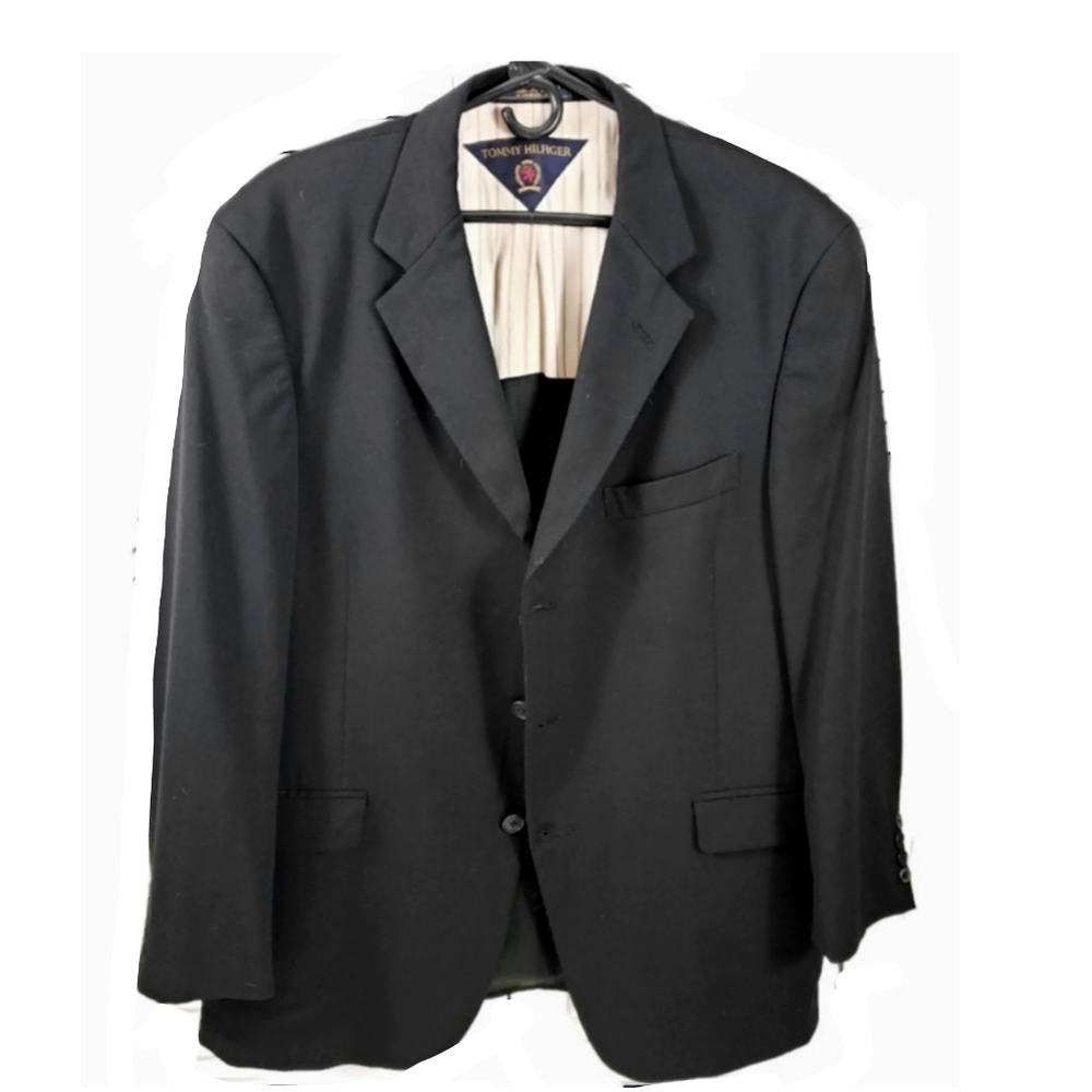 VTG Made USA Men's 42R Tommy Hilfiger Dark Black 3 Button Ventless Blazer